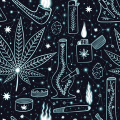 Fototapeta na wymiar Weed background. Seamless pattern with cannabis equipment. Neon glowing cannabis background.