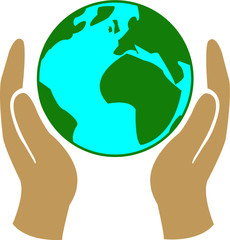Planet Earth in hands, save the planet, ecology, climate vector icon color on blue background