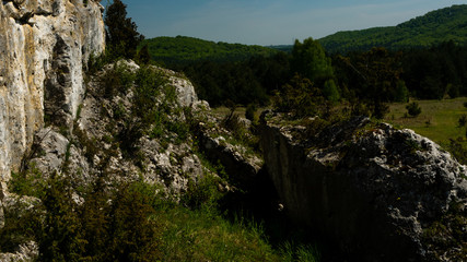 View of the Sokolich Mountains Reserve and rock stones in Olsztyn. A free space for an inscription