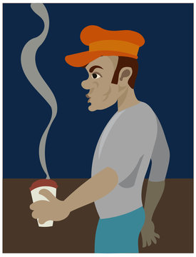 A black guy with a vintage cap having a coffee alone. Vector Illustration