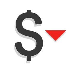 Dollar down icon. Cost reduction sign. Money symbol with arrow stretching rising drop fall down. Decrease dollar, fall, vector illustration.