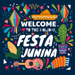 Colourful poster design for the Festa Junina holiday celebrations dedicated to St John the Baptist in Brazil, colored vector illustration