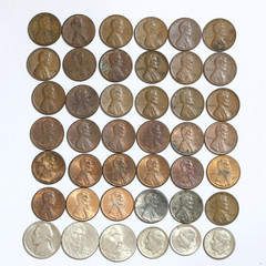 American coins on white background.