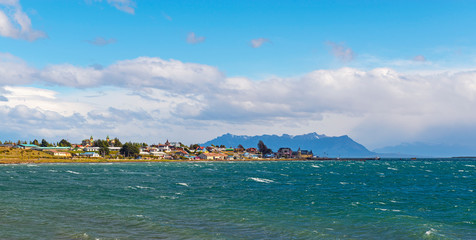 Cityscape of Puerto Natales city by the Last Hope Sound in Patagonia.