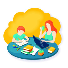 Vector illustration family mother and son working and learning together