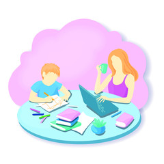 Vector illustration family mother and son working and learning together