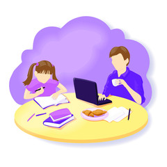 Vector illustration family father and daughter working and learning together