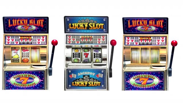three retro slot machines spinning to win isolated 