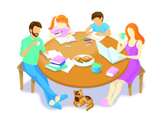 Vector illustration family father mother son and  daughter working and learning together