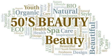 50s Beauty word cloud collage made with text only.