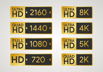 All HD labels. Full, ultra, quad high definition badge. 720, 1080, 1440, 2160 pixel resolution of screen. Plasma dimension icon. 8K, 5K, 4K, 2K display. PC and TV ratio in px. Vector illustration