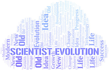 Scientist Evolution word cloud collage made with text only.