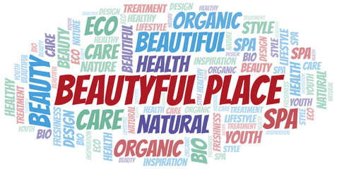 Beautyful Place word cloud collage made with text only.