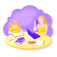 Vector illustration family mother and daughter working and learning together
