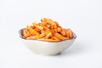 The tofu skin with the marinade was very chewy with the chili sauce, and he put it in a bowl against a white background