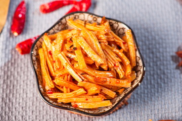 The spicy bean skin made with spicy marinade and placed in a bowl, it is a very famous food in Korea.