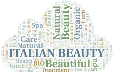 Italian Beauty word cloud collage made with text only.