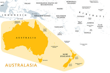 Australasia, Australia and New Zealand, a subregion of Oceania, political map. In UN geoscheme the continent Australia with New Zealand. A region in the Pacific Ocean. English. Illustration. Vector. - obrazy, fototapety, plakaty