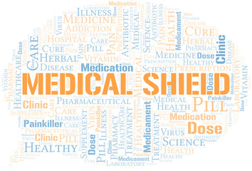 Medical Shield word cloud collage made with text only.