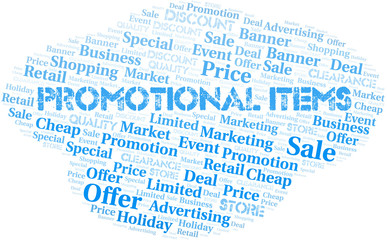 Promotional Items word cloud collage made with text only.