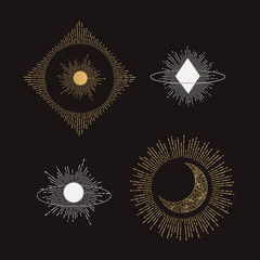 Hand Drawn Collection of Cosmic Elements. Abstract Golden Sunburst, Moon, Sun