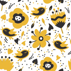 Seamless floral pattern with birds on white background