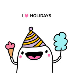 I love holidays hand drawn vector illustration in cartoon comic style man happy gholding ice cream and sweet dessert