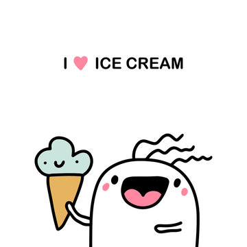 I love ice cream hand drawn vector illustration in cartoon comic style man happy holding dessert