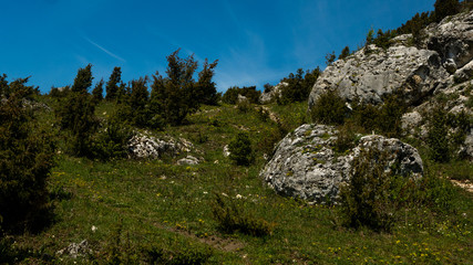 View of the Sokolich Mountains Reserve and rock stones in Olsztyn. A free space for an inscription