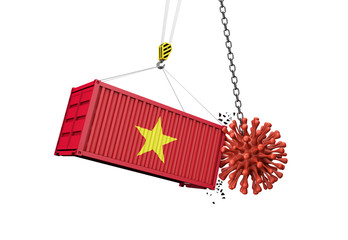Coronavirus outbreak crashing into Vietnam cargo container. 3D Render