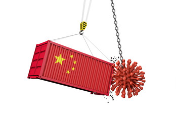 Coronavirus outbreak crashing into China cargo container. 3D Render