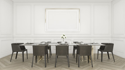 Modern luxury dining room with table and chair , white pattern wall and picture frame . 3d rendering