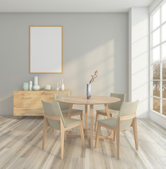 Minimal dining room with table and chair , wood sideboard , gray wall and picture frame. 3D rendering