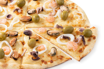 seafood pizza with olives isolated on white background