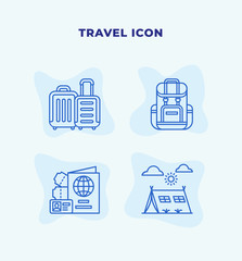Travel icon set with blue line modern flat style.