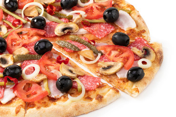 pizza with pepperoni and olives isolated on white background