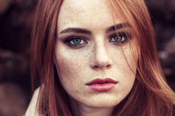 Beautiful woman natural close up face freckles casual female portrait lifestyle beauty girl outdoors
