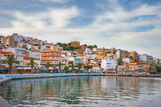 The pictursque port of Sitia, Crete, Greece at sunset. Sitia is a traditional town at the east Crete near the beach of palm trees, Vai.  