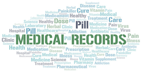 Medical Records word cloud collage made with text only.