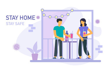 Stay home banner template. Woman and man with glasses wine, houseplant, balcony, garland. Birthday party. Health care concept. Global viral epidemic or pandemic. Flat vector illustration