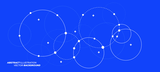 Abstract vector illustration with overlapping circles, dots and dashed circles. Science and connection concept. Wide molecule structure background. Can be used for web design, banner or presentation.