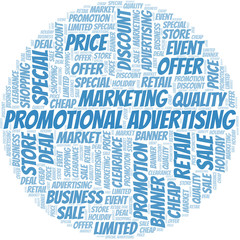 Promotional Advertising word cloud collage made with text only.