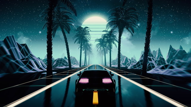 80s retro futuristic sci-fi seamless loop with vintage car. Riding in retrowave VJ videogame landscape, blue neon lights and low poly grid. Stylized cyberpunk vaporwave 3D animation background. 4K