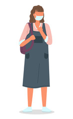 Young woman wearing face medical mask standing at white background. Viral pandemic. Coronavirus 2019-ncov flu. Respiratory protection from virus pandemia. Quarantine and self-isolation in city