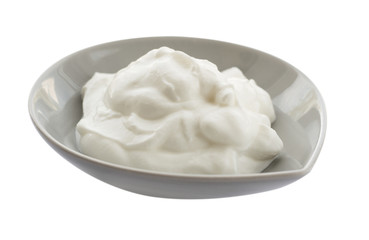 Morning breakfast with greek yogurt isolated on white background. Side view.