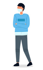 Young man wearing face medical mask standing at white background. Viral pandemic. Coronavirus 2019-ncov flu. Respiratory protection from virus pandemia. Quarantine and self-isolation in city