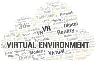 Virtual Environment word cloud collage made with text only.