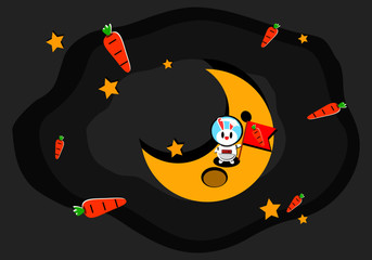 Concept surf the universe. White cute rabbit in an astronaut costume is carrying a red flag with a carrot on the moon and a star in space.