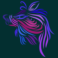 Abstract head of a predatory tribal wild fairytale Substance fantasy animal lilac and pink flowers on a turquoise background with curly lines tattoo