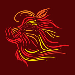 abstract head of a predatory tribal wild fairytale materiality fantasy animal red and yellow colors on a brown background with graceful lines of a tattoo